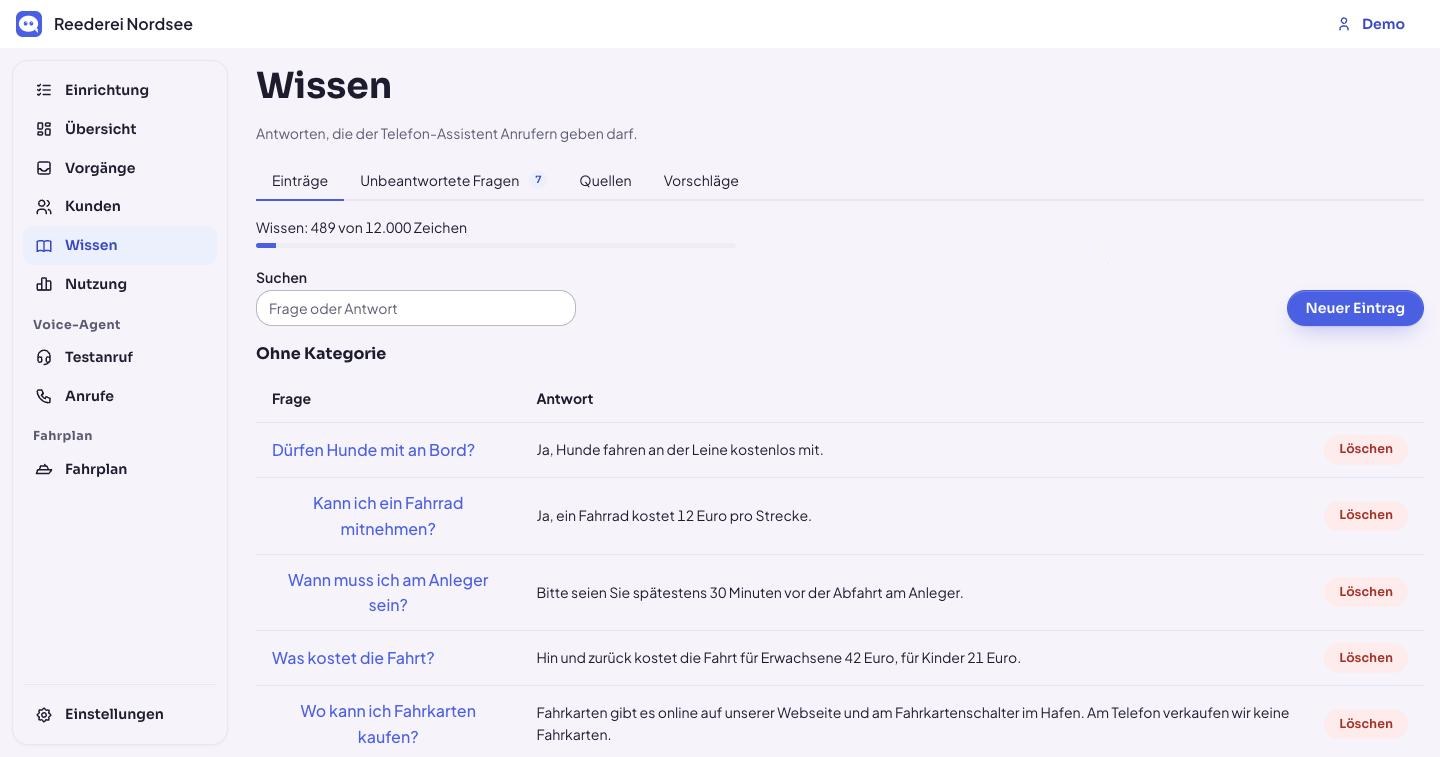 Dashboard-Seite Wissen mit Fragen und Antworten wie „Dürfen Hunde mit an Bord?“